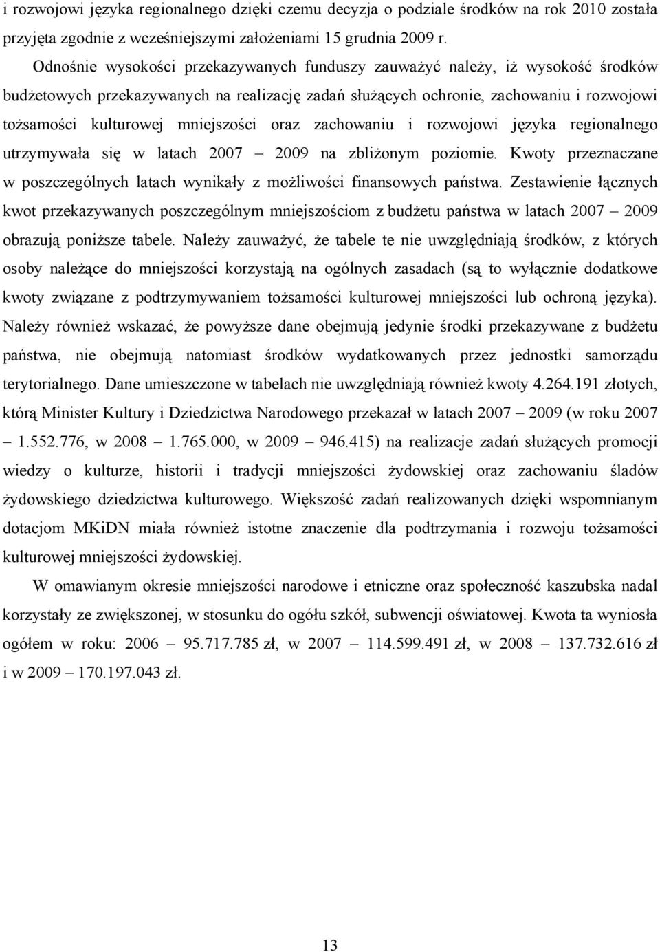 mniejszości oraz zachowaniu i rozwojowi języka regionalnego utrzymywała się w latach 2007 2009 na zbliżonym poziomie.