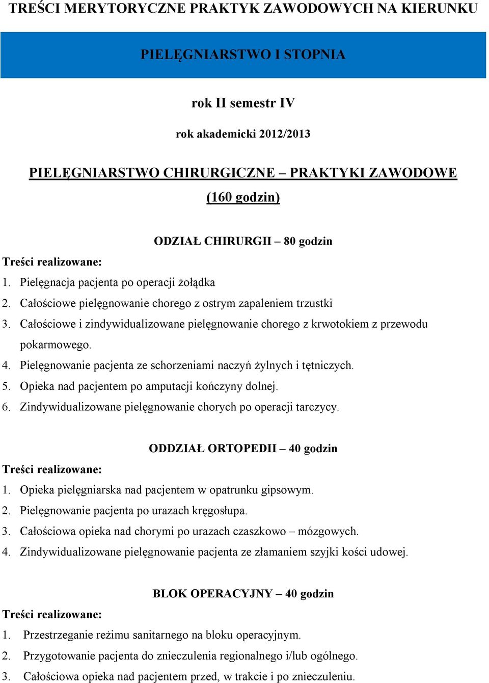 4. Pielęgnowanie pacjenta ze schorzeniami naczyń żylnych i tętniczych. 5. Opieka nad pacjentem po amputacji kończyny dolnej. 6. Zindywidualizowane pielęgnowanie chorych po operacji tarczycy.