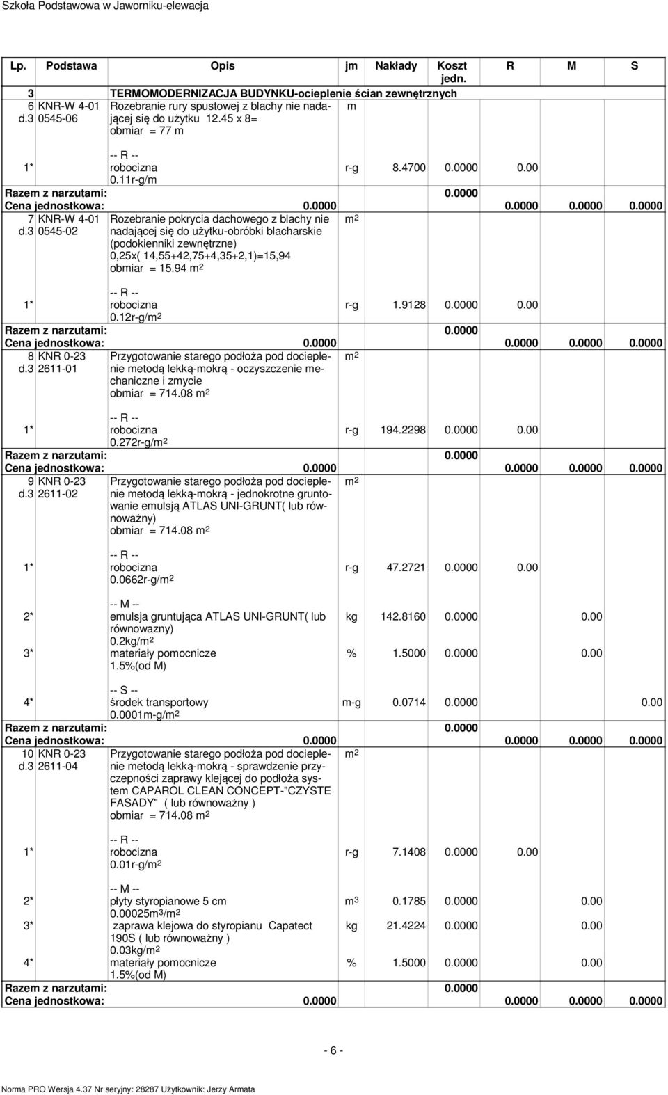 0000 0.00 0.11r-g/m 7 KNR-W 4-01 0545-02 Rozebranie pokrycia dachowego z blachy nie nadającej się do użytku-obróbki blacharskie (podokienniki zewnętrzne) 0,25x( 14,55+42,75+4,35+2,1)=15,94 obmiar = 15.