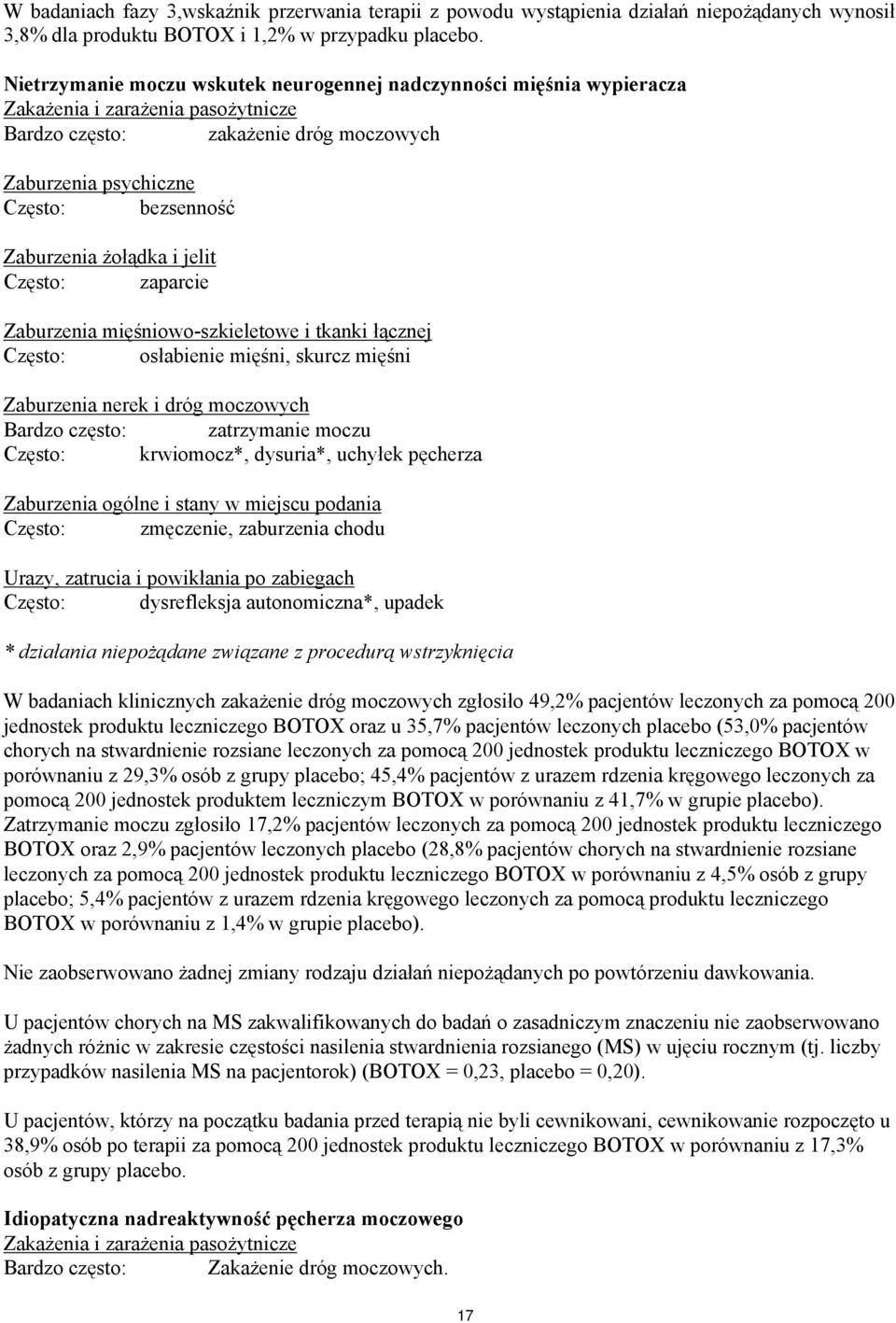 żołądka i jelit Często: zaparcie Zaburzenia mięśniowo-szkieletowe i tkanki łącznej Często: osłabienie mięśni, skurcz mięśni Zaburzenia nerek i dróg moczowych Bardzo często: zatrzymanie moczu Często: