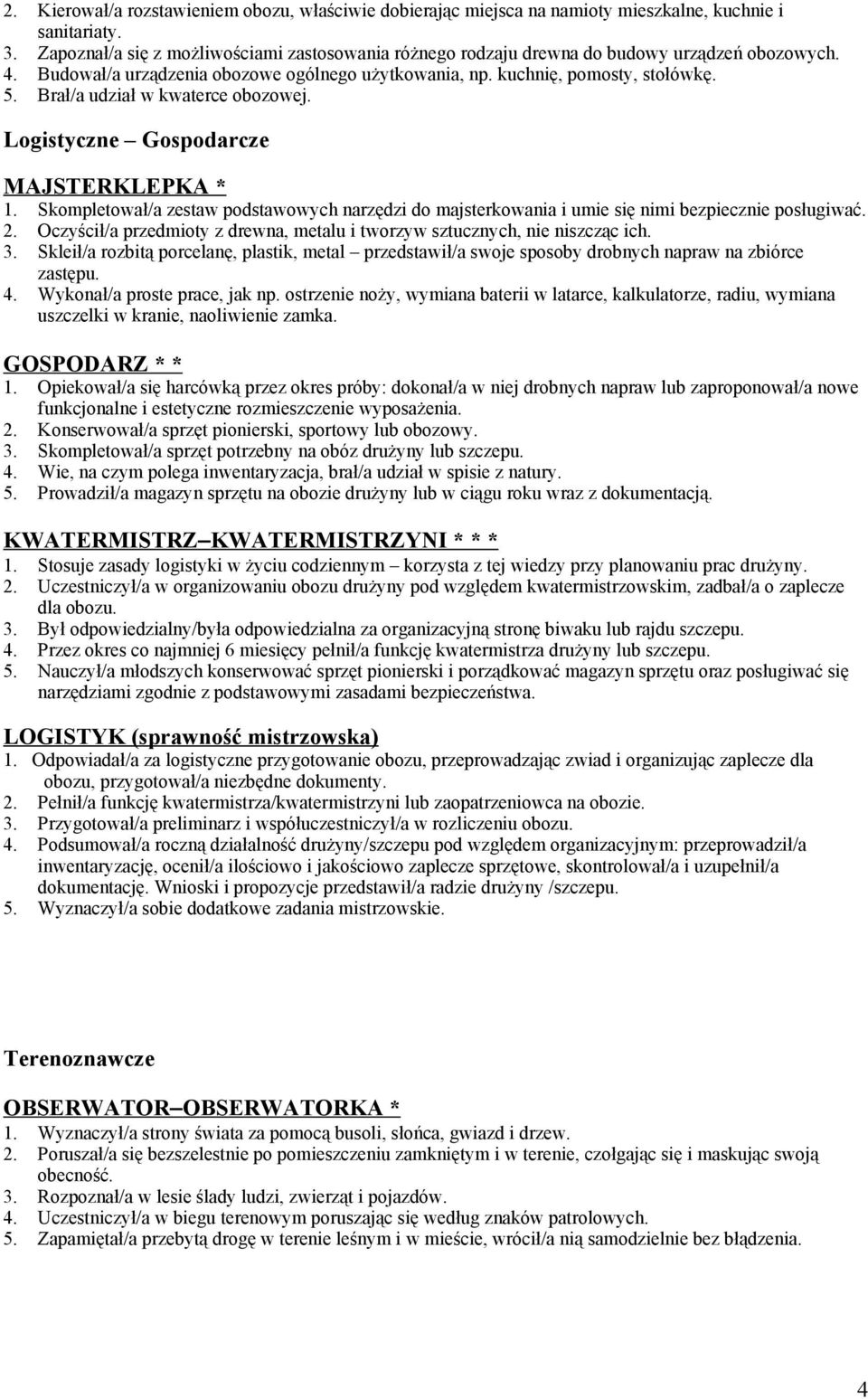 Brał/a udział w kwaterce obozowej. Logistyczne Gospodarcze MAJSTERKLEPKA * 1. Skompletował/a zestaw podstawowych narzędzi do majsterkowania i umie się nimi bezpiecznie posługiwać. 2.
