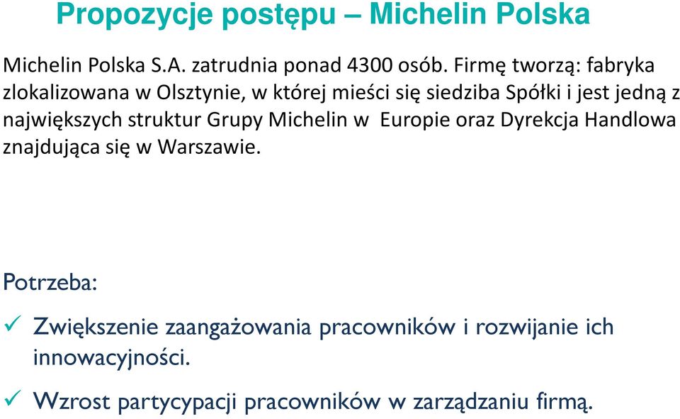 największych struktur Grupy Michelin w Europie oraz Dyrekcja Handlowa znajdująca się w Warszawie.