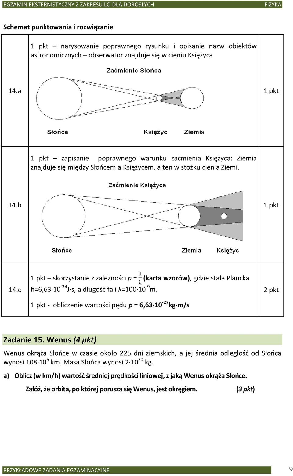 c 1 pkt skorzystanie z zależności p = (karta wzorów), gdzie stała Plancka h=6,63 10-34 J s, a długośd fali λ=100 10-9 m. 1 pkt - obliczenie wartości pędu p = 6,63 10-27 kg m/s 2 pkt Zadanie 15.