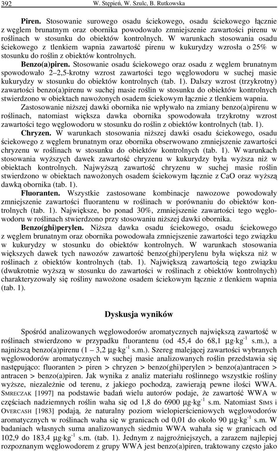 W warunkach stosowania osadu ściekowego z tlenkiem wapnia zawartość pirenu w kukurydzy wzrosła o 25% w stosunku do roślin z obiektów kontrolnych. Benzo(a)piren.