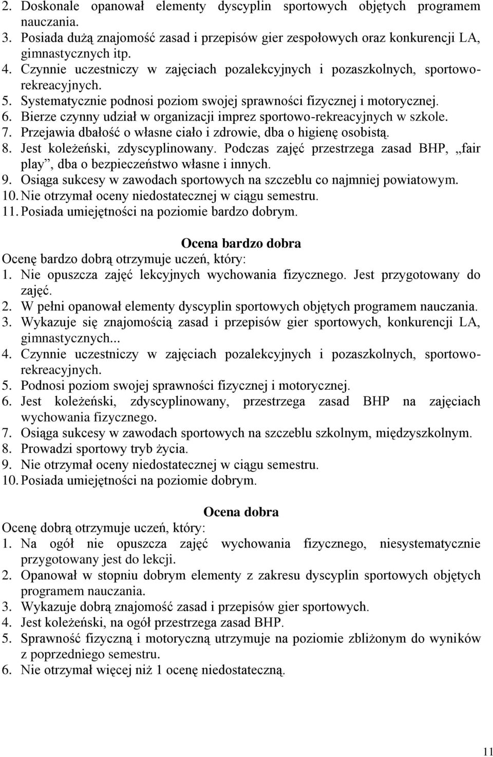 Bierze czynny udział w organizacji imprez sportowo-rekreacyjnych w szkole. 7. Przejawia dbałość o własne ciało i zdrowie, dba o higienę osobistą. 8. Jest koleżeński, zdyscyplinowany.