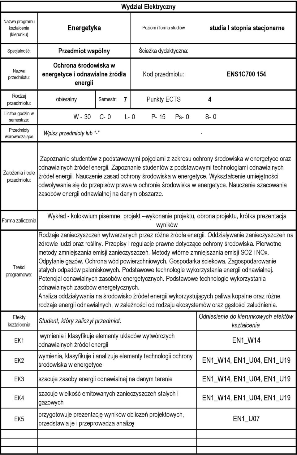 Założenia i cele Zapoznanie studentów z podstawowymi pojęciami z zakresu ochrony środowiska w energetyce oraz odnawialnych źródeł energii.