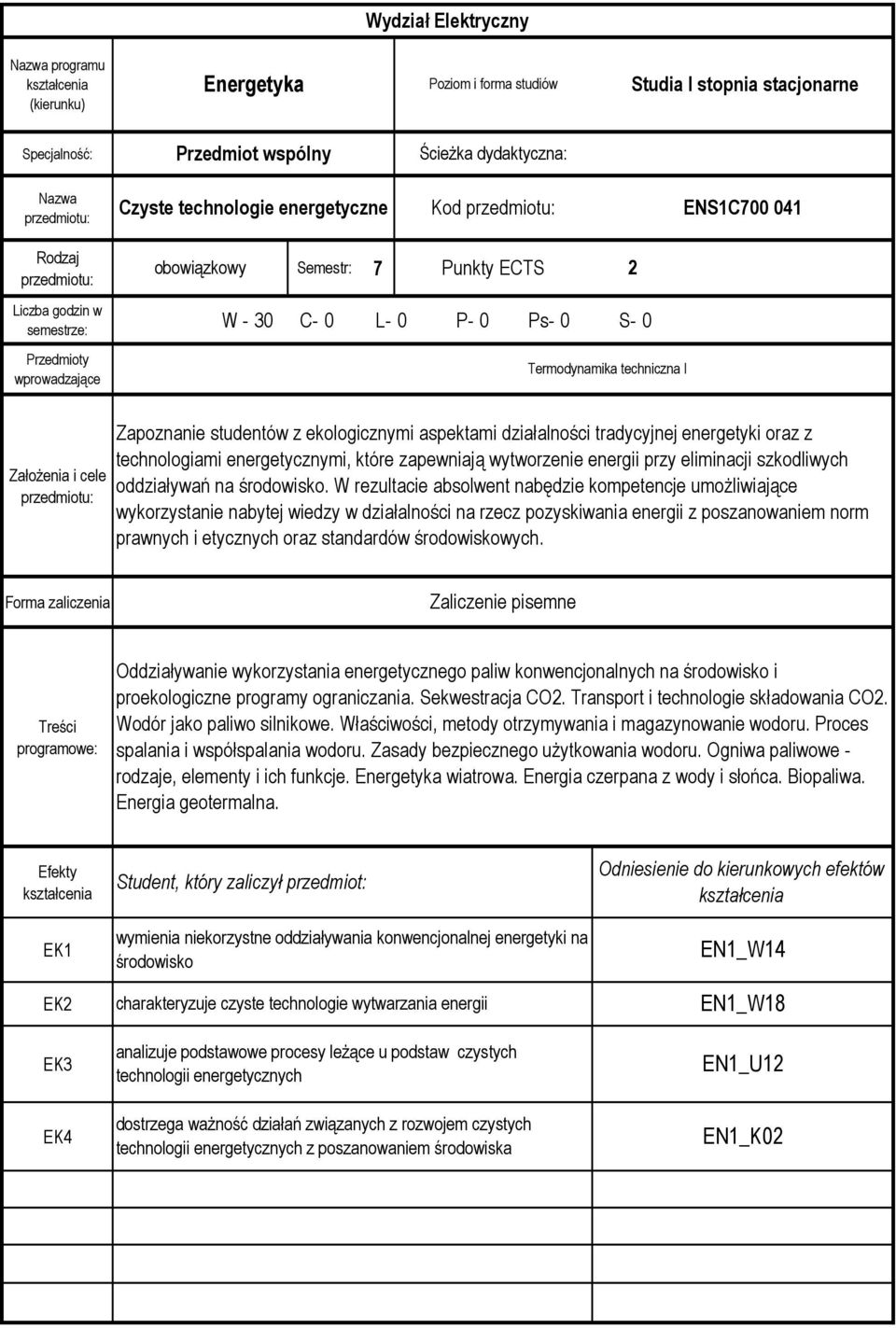 Zapoznanie studentów z ekologicznymi aspektami działalności tradycyjnej energetyki oraz z technologiami energetycznymi, które zapewniają wytworzenie energii przy eliminacji szkodliwych oddziaływań na