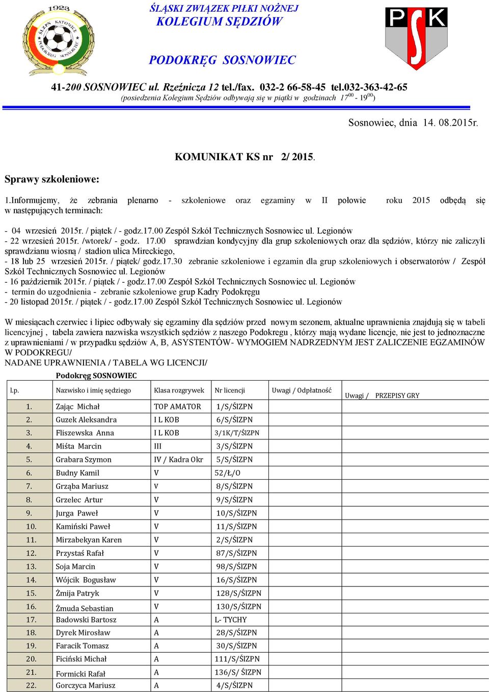 00-19 00 ) Sosnowiec, dnia 14. 08.2015r. Sprawy szkoleniowe: KOMUNIKAT KS nr 2/ 2015. 1.Informujemy, że zebrania plenarno - szkoleniowe egzaminy w II połowie roku 2015 odbędą się w następujących terminach: - 04 wrzesień 2015r.