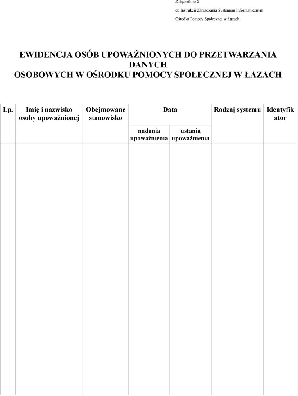 EWIDENCJA OSÓB UPOWAŻNIONYCH DO PRZETWARZANIA DANYCH OSOBOWYCH W OŚRODKU POMOCY
