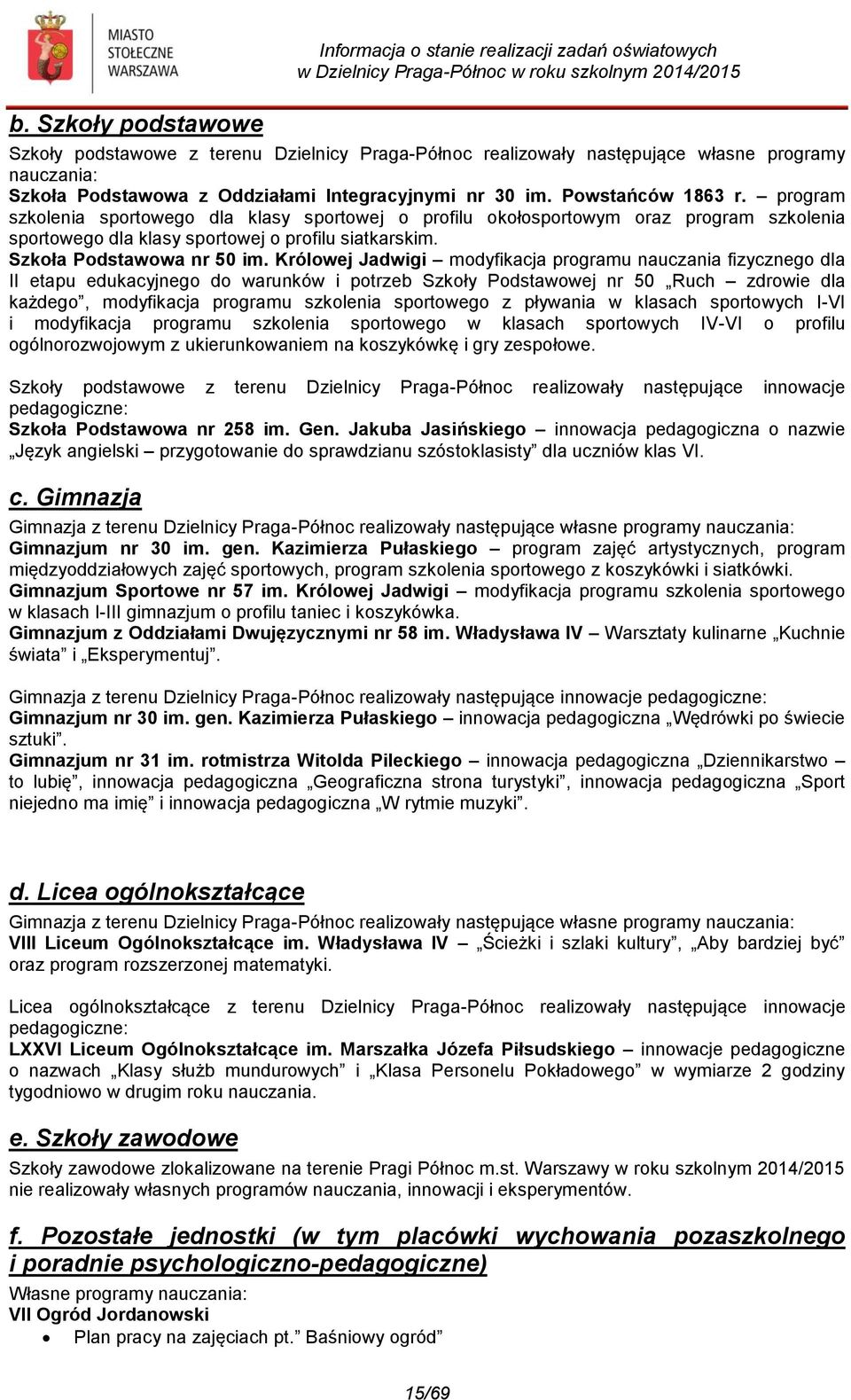 program szkolenia sportowego dla klasy sportowej o profilu okołosportowym oraz program szkolenia sportowego dla klasy sportowej o profilu siatkarskim. Szkoła Podstawowa nr 50 im.