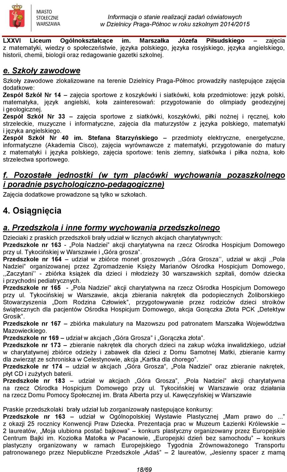 Szkoły zawodowe Szkoły zawodowe zlokalizowane na terenie Dzielnicy Praga-Północ prowadziły następujące zajęcia dodatkowe: Zespół Szkół Nr 14 zajęcia sportowe z koszykówki i siatkówki, koła
