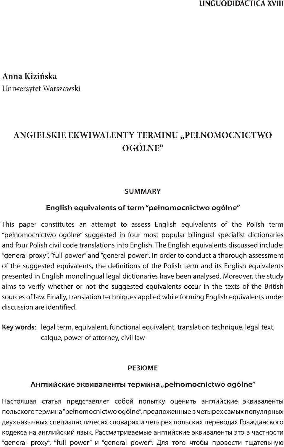 Anna Kizińska. Uniwersytet Warszawski. Linguodidactica XVIII. Summary.  English equivalents of term pełnomocnictwo ogólne - PDF Free Download