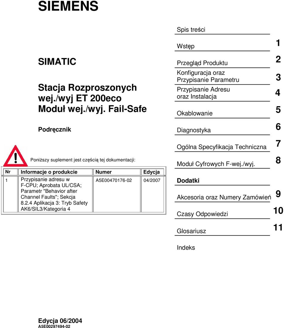 Fail-Safe Podrcznik Przegld Produktu 2 Konfiguracja oraz Przypisanie Parametru Przypisanie Adresu oraz Instalacja Okablowanie 5 Diagnostyka 6 3 4 Poniszy suplement