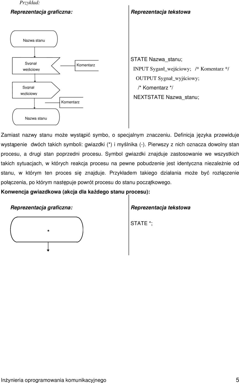 Definicja języka przewiduje wystąpenie dwóch takich symboli: gwiazdki (*) i myślnika (-). Pierwszy z nich oznacza dowolny stan procesu, a drugi stan poprzedni procesu.