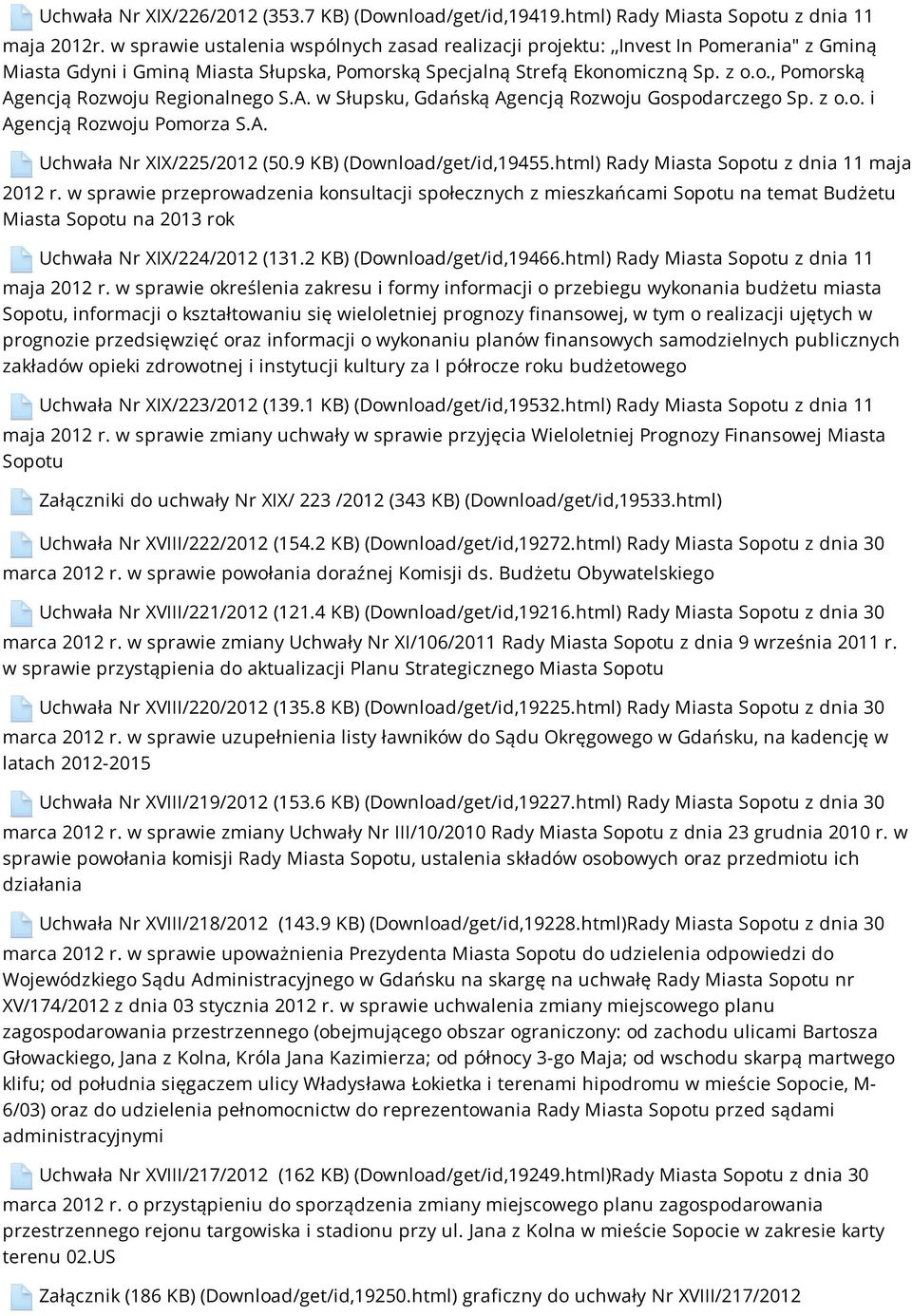 A. w Słupsku, Gdańską Agencją Rozwoju Gospodarczego Sp. z o.o. i Agencją Rozwoju Pomorza S.A. Uchwała Nr XIX/225/2012 (50.9 KB) (Download/get/id,19455.html) Rady Miasta Sopotu z dnia 11 maja 2012 r.