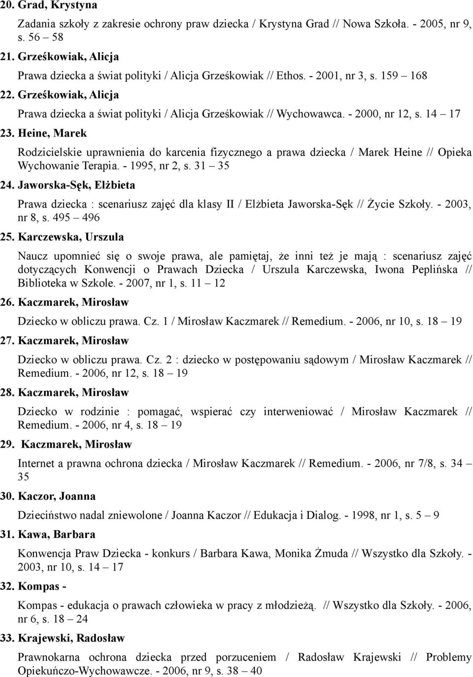 - 2000, nr 12, s. 14 17 23. Heine, Marek Rodzicielskie uprawnienia do karcenia fizycznego a prawa dziecka / Marek Heine // Opieka Wychowanie Terapia. - 1995, nr 2, s. 31 35 24.