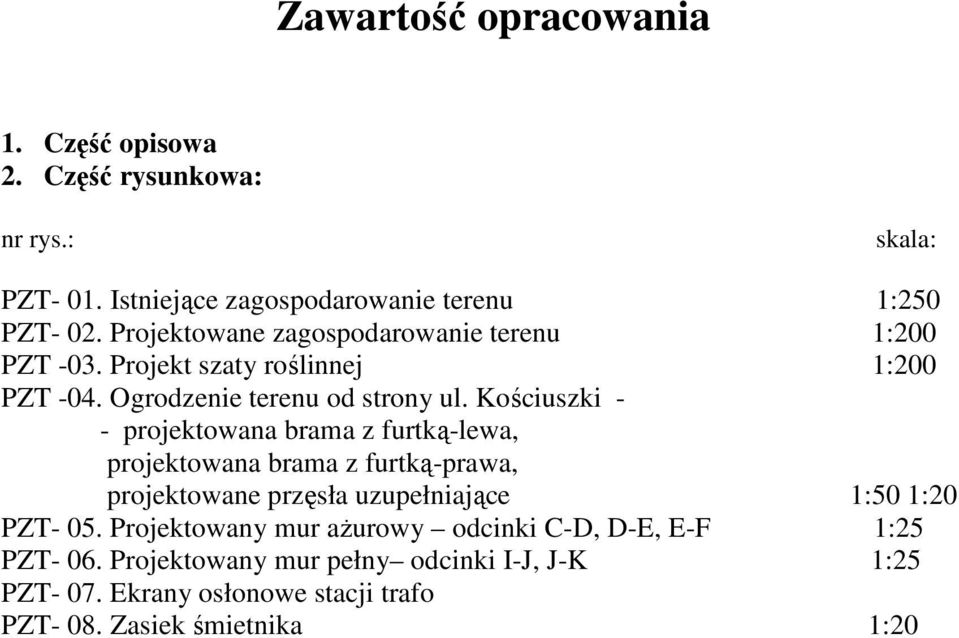 Kościuszki - - projektowana brama z furtką-lewa, projektowana brama z furtką-prawa, projektowane przęsła uzupełniające 1:50 1:20 PZT- 05.