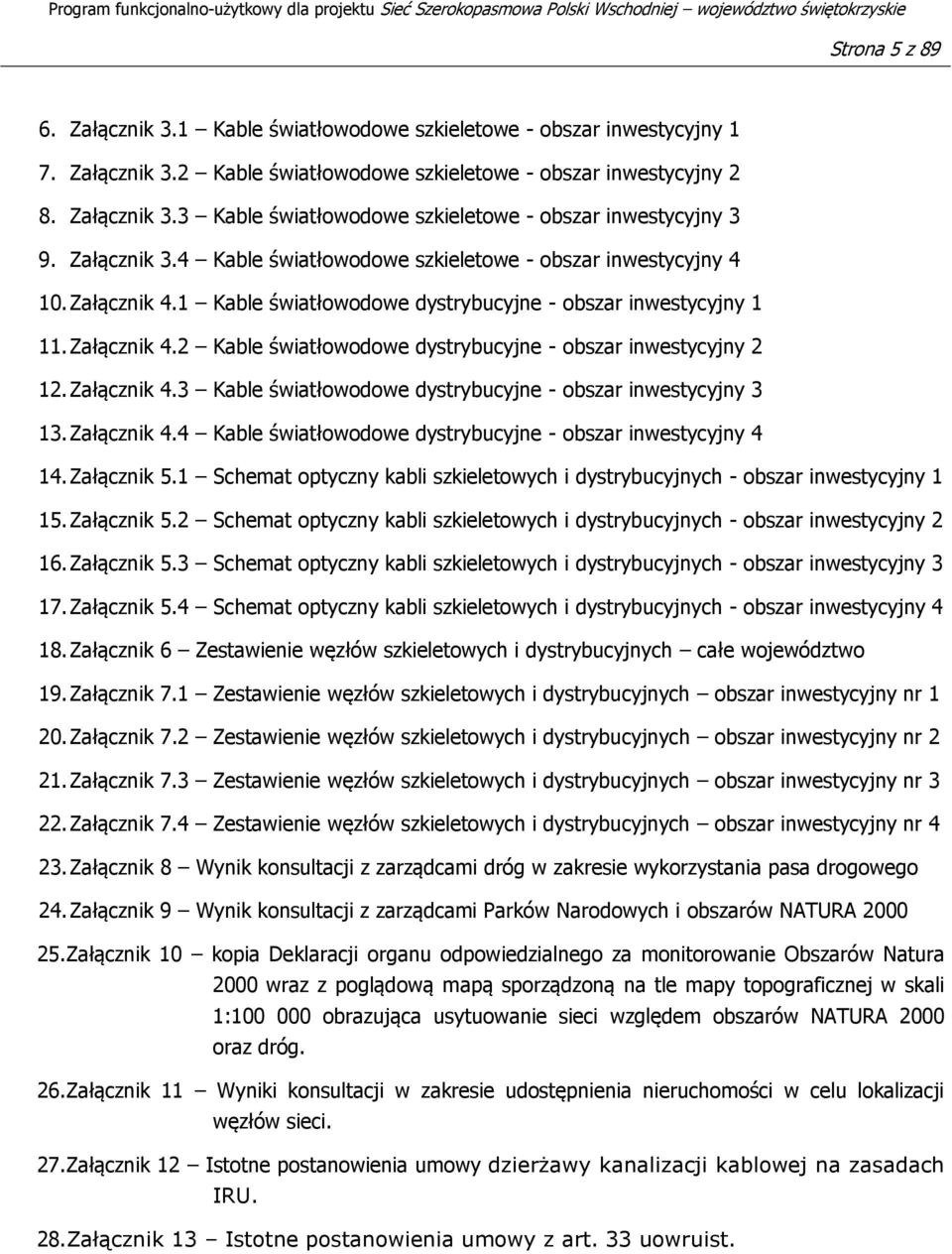 Załącznik 4.3 Kable światłowodowe dystrybucyjne - obszar inwestycyjny 3 13. Załącznik 4.4 Kable światłowodowe dystrybucyjne - obszar inwestycyjny 4 14. Załącznik 5.