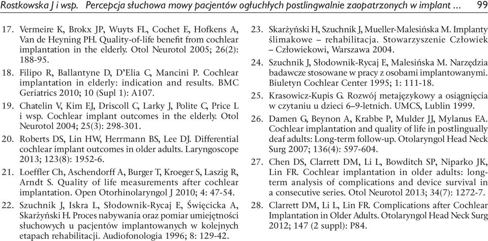 Cochlear implantation in elderly: indication and results. BMC Geriatrics 21; 1 (Supl 1): A17. 19. Chatelin V, Kim EJ, Driscoll C, Larky J, Polite C, Price L i wsp.