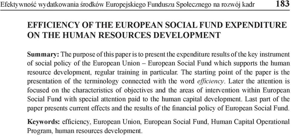 particular. The starting point of the paper is the presentation of the terminology connected with the word efficiency.