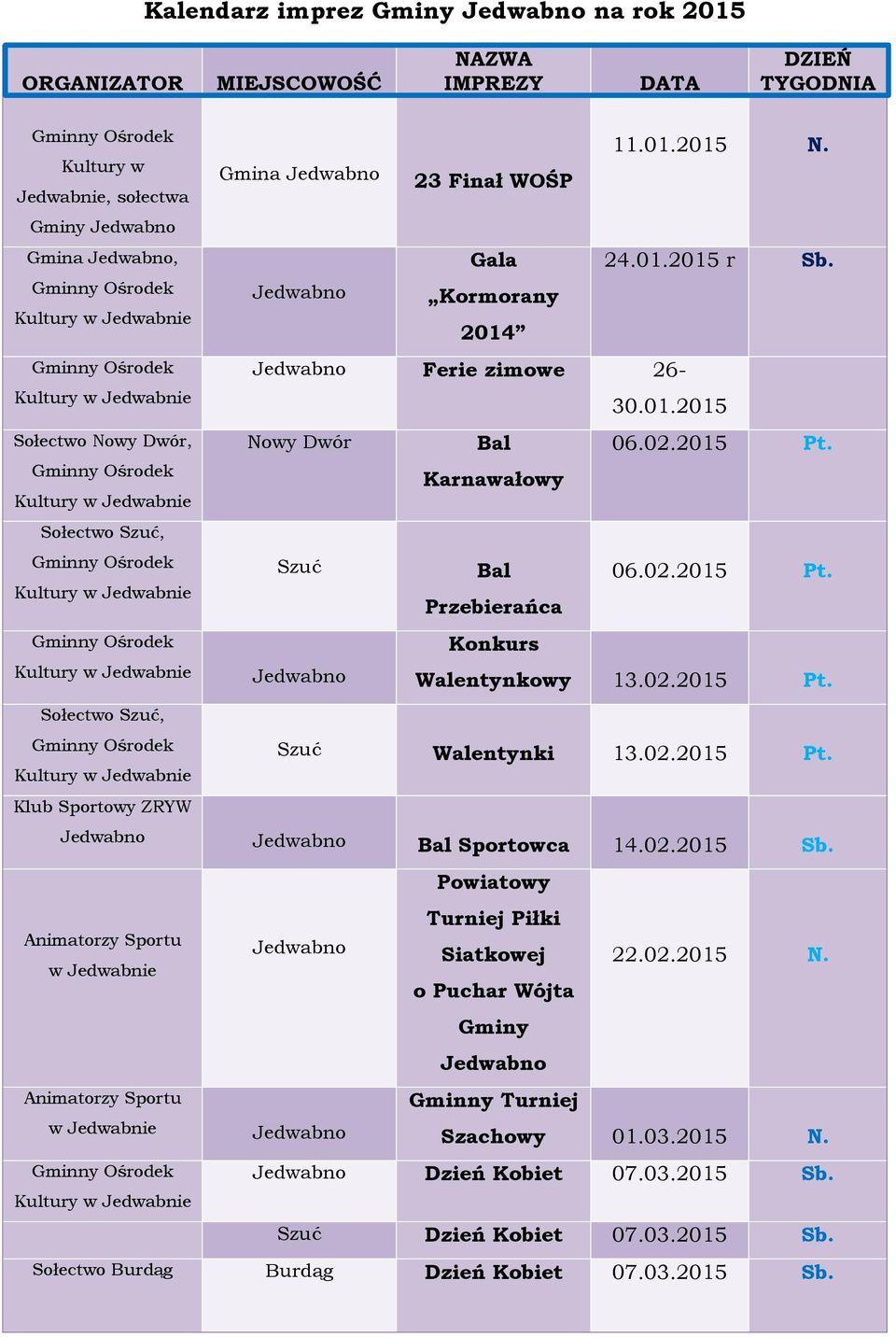 Karnawałowy Bal 06.02.2015 Pt. Przebierańca Konkurs Walentynkowy 13.02.2015 Pt. Walentynki 13.02.2015 Pt. Bal Sportowca 14.02.2015 Sb.