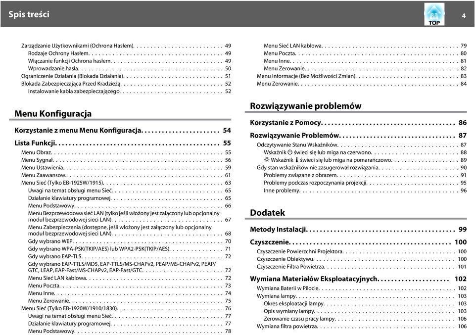 ..56 Menu Ustawienia...59 Menu Zaawansow...61 Menu Sieć (Tylko EB-1925W/1915).... 63 Uwagi na temat obsługi menu Sieć...65 Działanie klawiatury programowej...65 Menu Podstawowy.