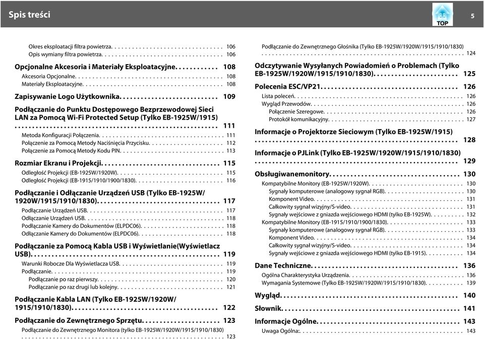 .. 111 Połączenie za Pomocą Metody Naciśnięcia Przycisku... 112 Połączenie za Pomocą Metody Kodu PIN...113 Rozmiar Ekranu i Projekcji... 115 Odległość Projekcji (EB-1925W/1920W).