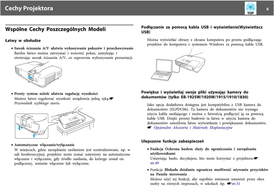 Podłączanie za pomocą kabla USB i wyświetlanie(wyświetlacz USB) Można wyświetlać obrazy z ekranu komputera po prostu podłączając projektor do komputera z systemem Windows za pomocą kabla USB.