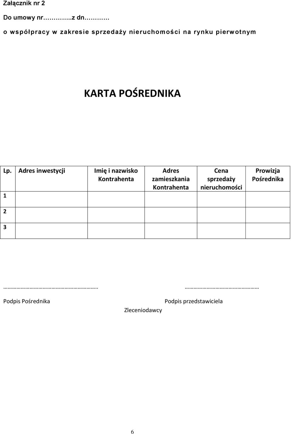 KARTA POŚREDNIKA Lp.