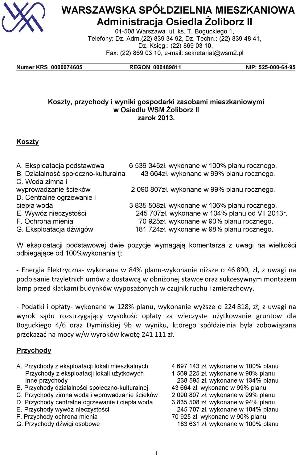 pl Numer KRS 0000074605 REGON 000489811 NIP: 525-000-64-95 Koszty, przychody i wyniki gospodarki zasobami mieszkaniowymi w Osiedlu WSM Żoliborz II zarok 2013. Koszty A.