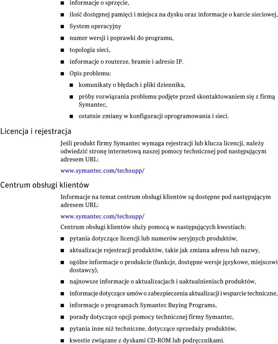 Opis problemu: komunikaty o błędach i pliki dziennika, próby rozwiązania problemu podjęte przed skontaktowaniem się z firmą Symantec, ostatnie zmiany w konfiguracji oprogramowania i sieci.