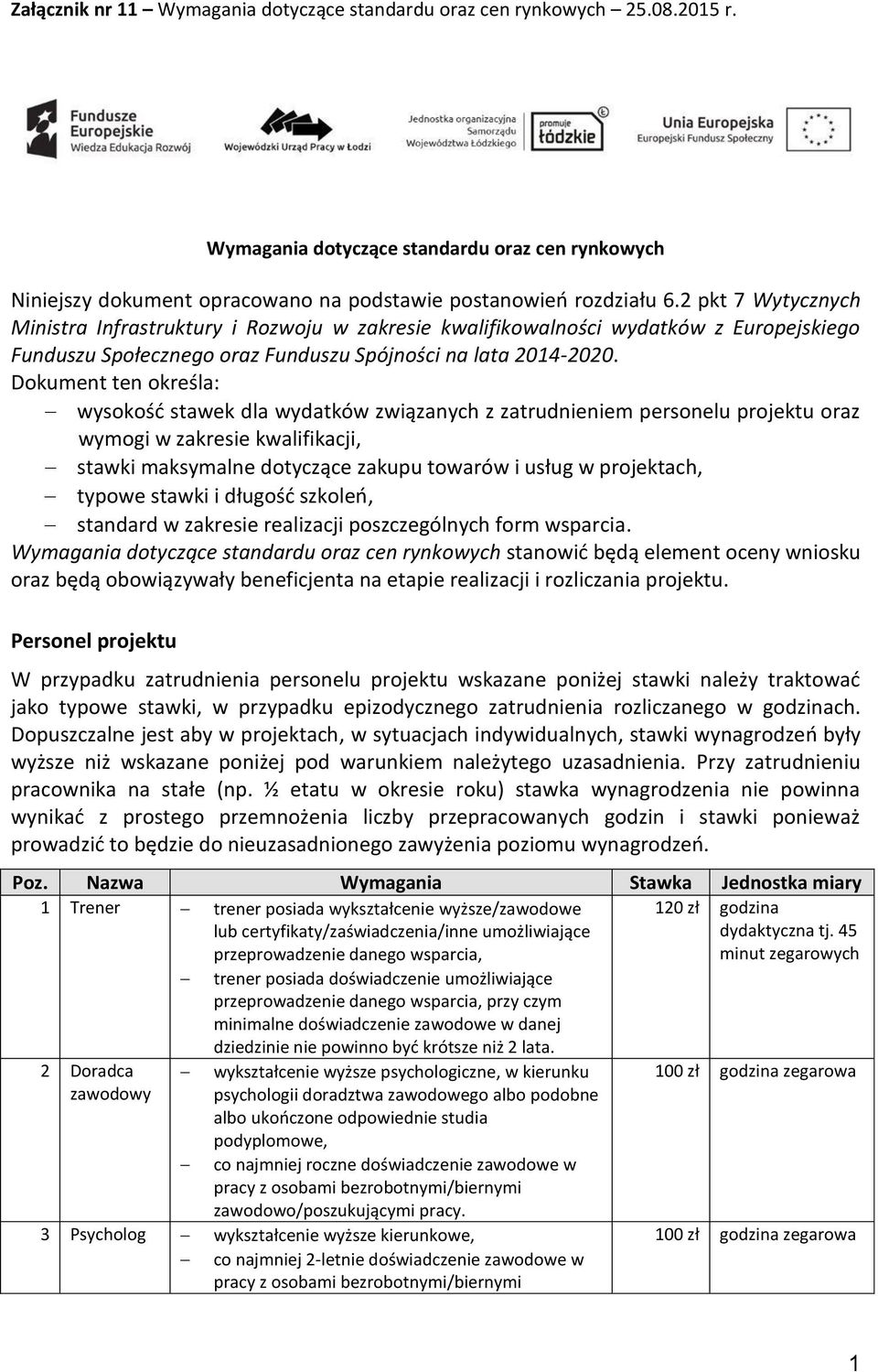 Dokument ten określa: wysokość stawek dla wydatków związanych z zatrudnieniem personelu projektu oraz wymogi w zakresie kwalifikacji, stawki maksymalne dotyczące zakupu towarów i usług w projektach,