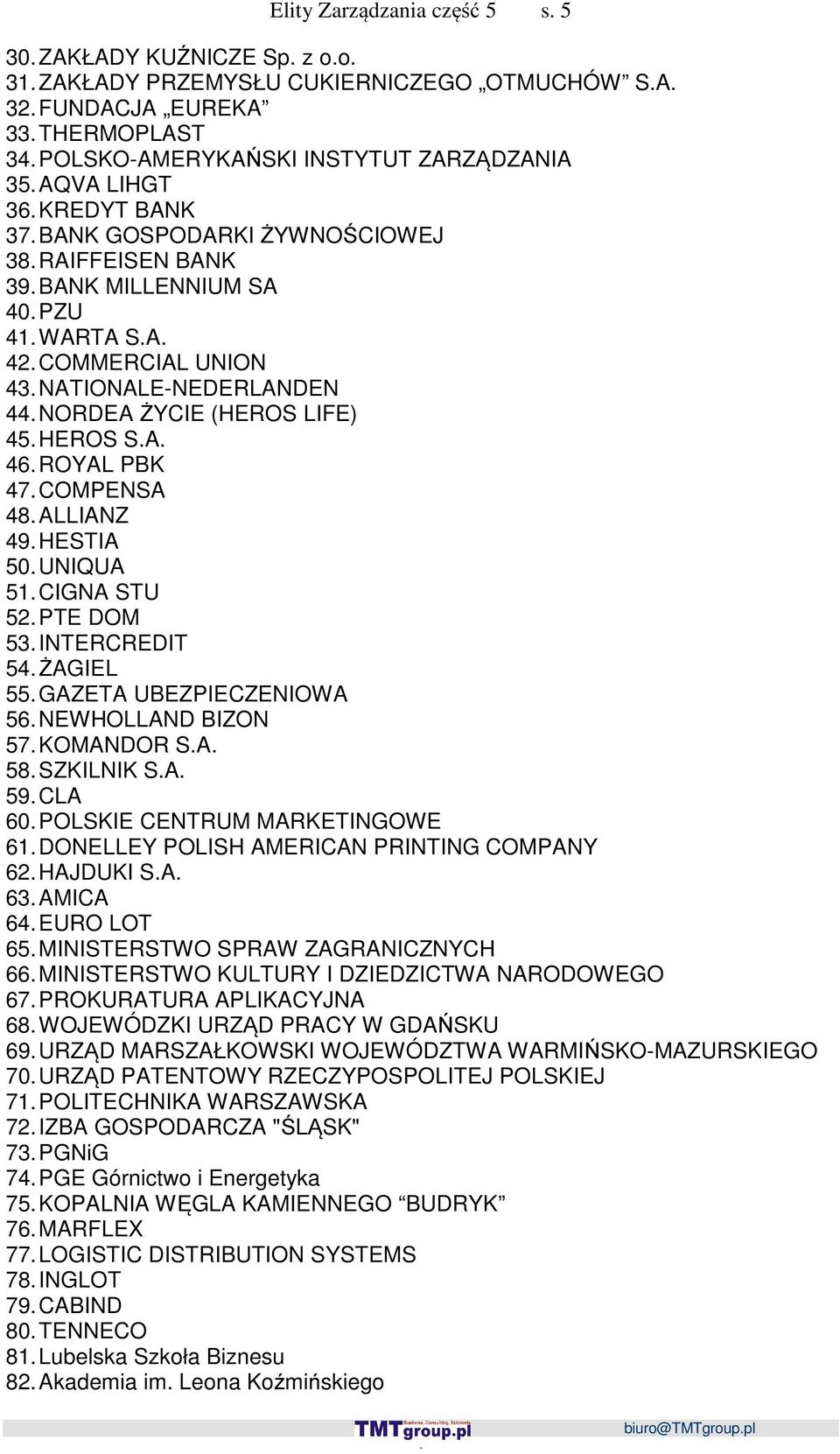 PBK 47 COMPENSA 48 ALLIANZ 49 HESTIA 50 UNIQUA 51 CIGNA STU 52 PTE DOM 53 INTERCREDIT 54 ŻAGIEL 55 GAZETA UBEZPIECZENIOWA 56 NEWHOLLAND BIZON 57 KOMANDOR SA 58 SZKILNIK SA 59 CLA 60 POLSKIE CENTRUM