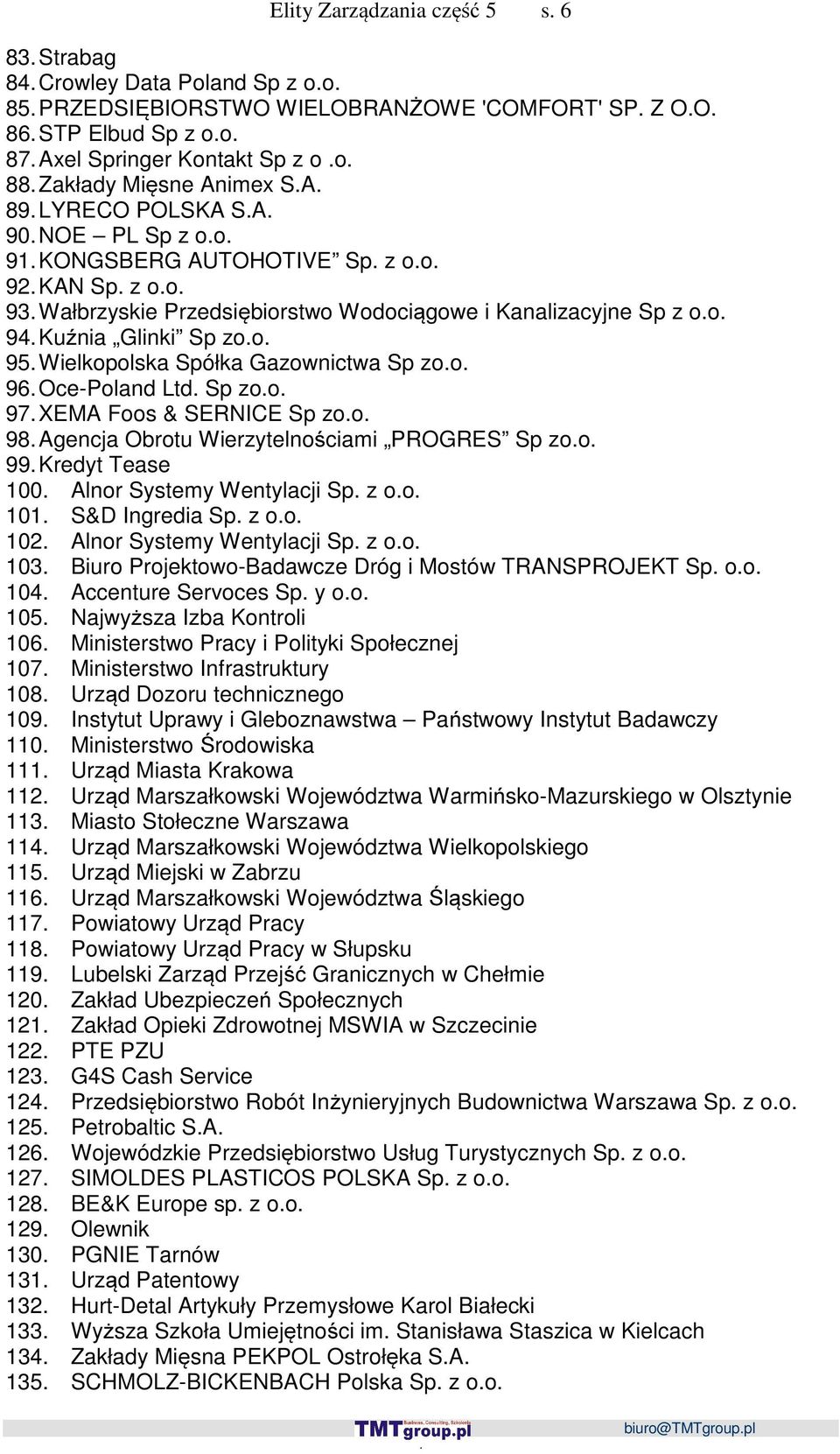 Wielkopolska Spółka Gazownictwa Sp zoo 96 Oce-Poland Ltd Sp zoo 97 XEMA Foos & SERNICE Sp zoo 98 Agencja Obrotu Wierzytelnościami PROGRES Sp zoo 99 Kredyt Tease 100 Alnor Systemy Wentylacji Sp z oo