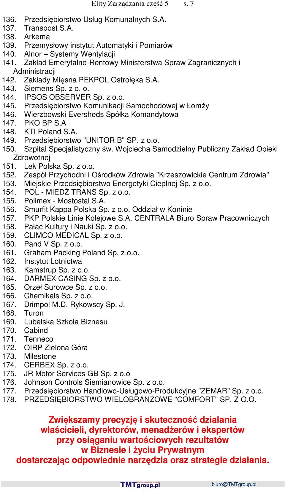 Samochodowej w Łomży 146 Wierzbowski Eversheds Spółka Komandytowa 147 PKO BP SA 148 KTI Poland SA 149 Przedsiębiorstwo "UNITOR B" SP z oo 150 Szpital Specjalistyczny św Wojciecha Samodzielny