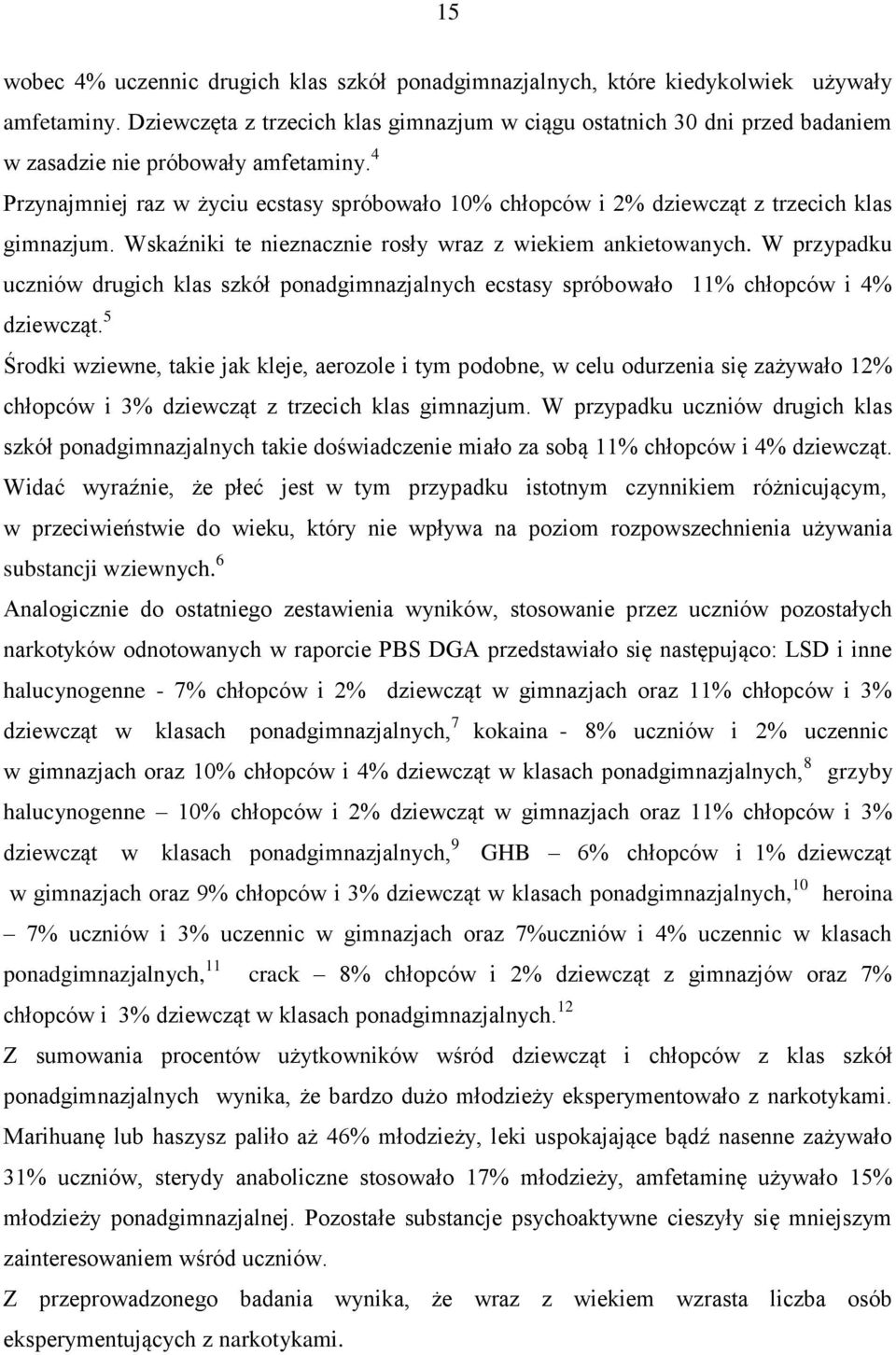 4 Przynajmniej raz w życiu ecstasy spróbowało 10% chłopców i 2% dziewcząt z trzecich klas gimnazjum. Wskaźniki te nieznacznie rosły wraz z wiekiem ankietowanych.