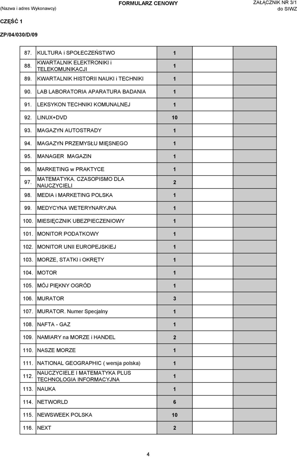 MEDIA i MARKETING POLSKA 99. MEDYCYNA WETERYNARYJNA 00. MIESIĘCZNIK UBEZPIECZENIOWY 0. MONITOR PODATKOWY 0. MONITOR UNII EUROPEJSKIEJ 03. MORZE, STATKI i OKRĘTY 04. MOTOR 05. MÓJ PIĘKNY OGRÓD 06.