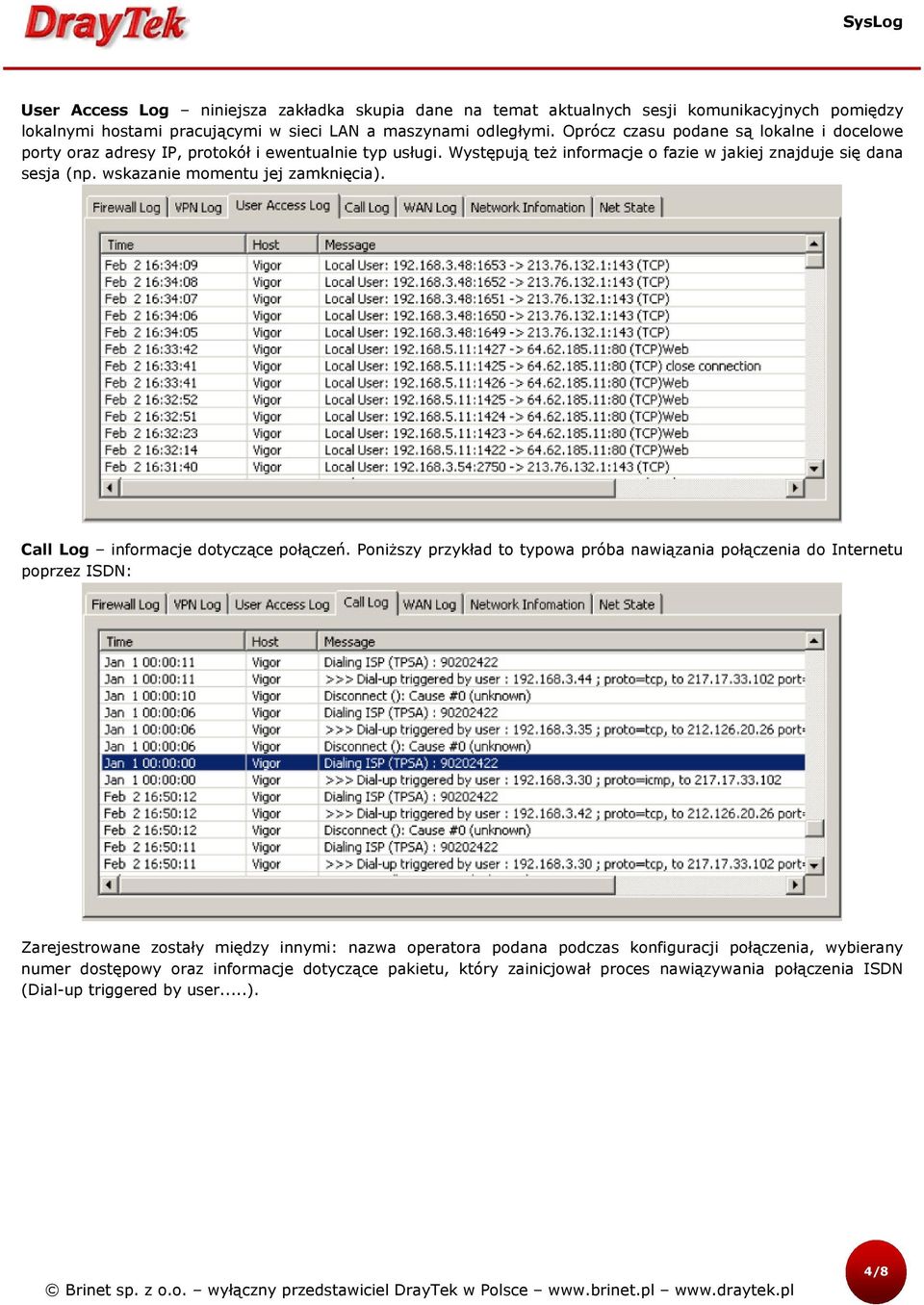 wskazanie momentu jej zamknięcia). Call Log informacje dotyczące połączeń.