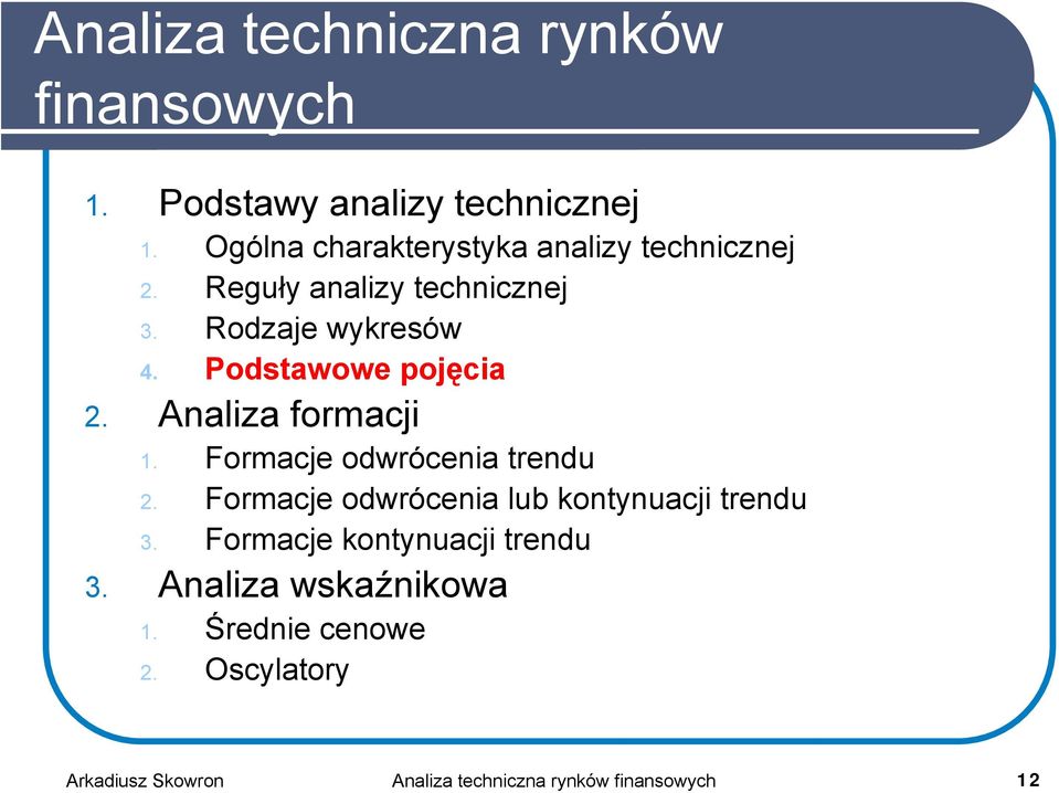 Podstawowe pojęcia 2. Analiza formacji 1. Formacje odwrócenia trendu 2.