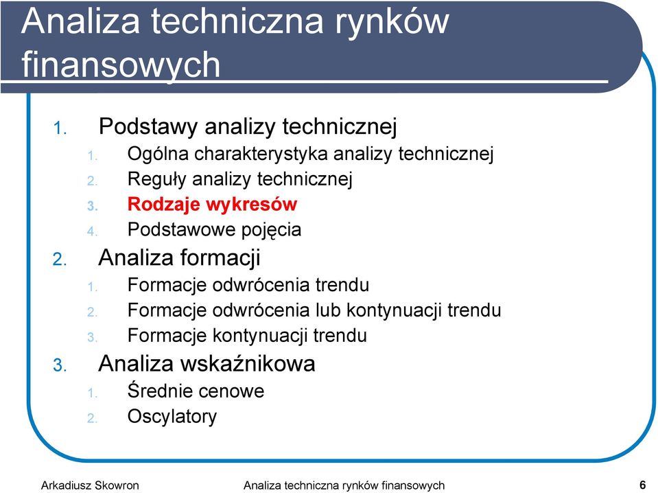 Podstawowe pojęcia 2. Analiza formacji 1. Formacje odwrócenia trendu 2.