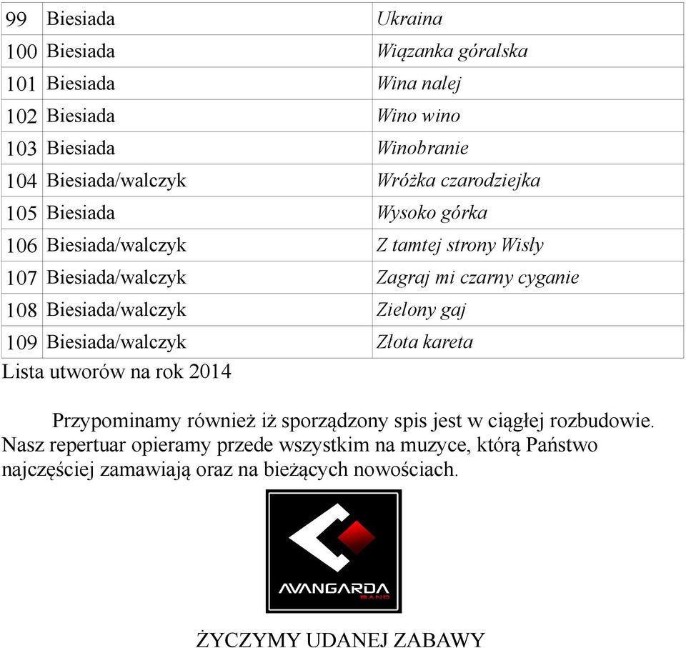 Biesiada/walczyk Zielony gaj 109 Biesiada/walczyk Złota kareta Lista utworów na rok 2014 Przypominamy również iż sporządzony spis jest w ciągłej