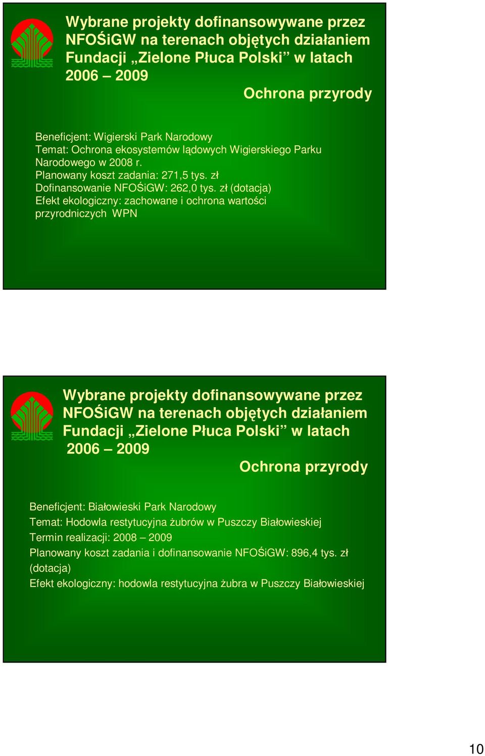 zł (dotacja) Efekt ekologiczny: zachowane i ochrona wartości przyrodniczych WPN Ochrona przyrody Beneficjent: Białowieski Park Narodowy Temat: