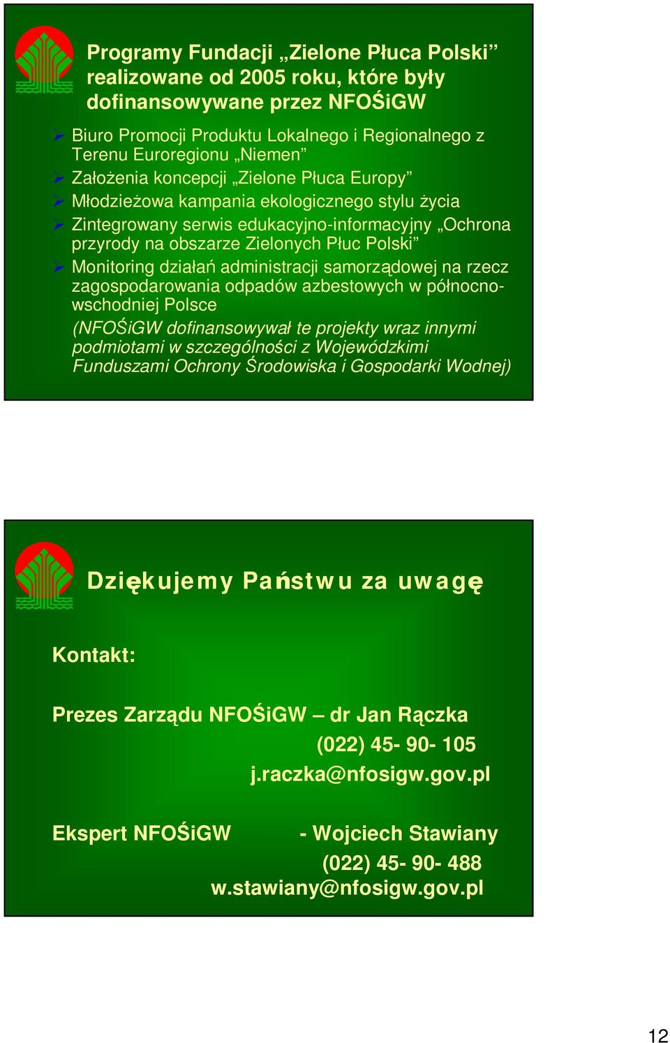 administracji samorządowej na rzecz zagospodarowania odpadów azbestowych w północnowschodniej Polsce (NFOŚiGW dofinansowywał te projekty wraz innymi podmiotami w szczególności z Wojewódzkimi