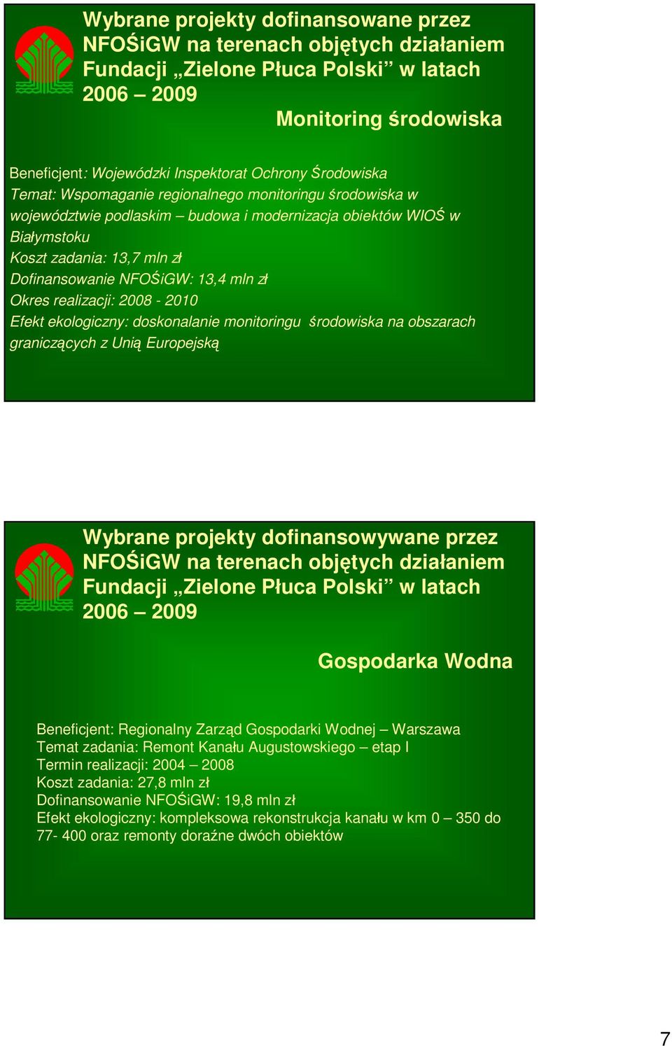 monitoringu środowiska na obszarach graniczących z Unią Europejską Gospodarka Wodna Beneficjent: Regionalny Zarząd Gospodarki Wodnej Warszawa Temat zadania: Remont Kanału Augustowskiego etap