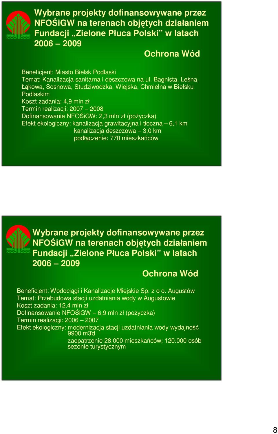 ekologiczny: kanalizacja grawitacyjna i tłoczna 6,1 km kanalizacja deszczowa 3,0 km podłączenie: 770 mieszkańców Ochrona Wód Beneficjent: Wodociągi i Kanalizacje Miejskie Sp. z o o.