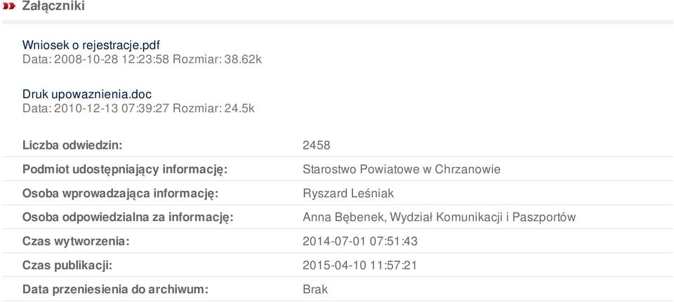 5k Liczba odwiedzin: 2458 Podmiot udostępniający informację: Osoba wprowadzająca informację: Osoba odpowiedzialna za