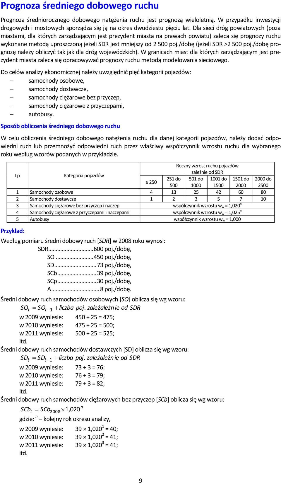 Dla sieci dróg powiatowych (poza miastami, dla których zarządzającym jest prezydent miasta na prawach powiatu) zaleca się prognozy ruchu wykonane metodą uproszczoną jeżeli SDR jest mniejszy od 2 500