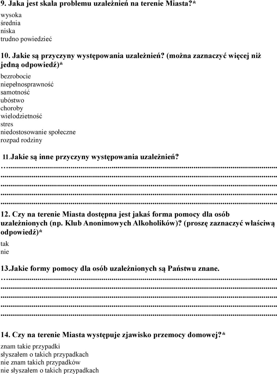 12. Czy na terenie Miasta dostępna jest jakaś forma pomocy dla osób uzależnionych (np. Klub Anonimowych Alkoholików)? (proszę zaznaczyć właściwą odpowiedź)* tak nie 13.