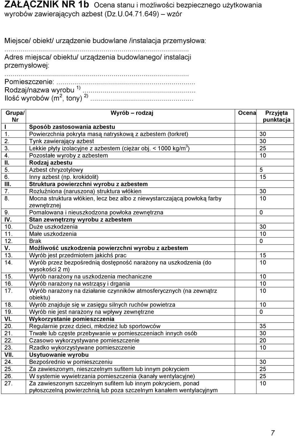 .. Grupa/ Nr Wyrób rodzaj Ocena Przyjęta punktacja I Sposób zastosowania azbestu 1. Powierzchnia pokryta masą natryskową z azbestem (torkret) 30 2. Tynk zawierający azbest 30 3.