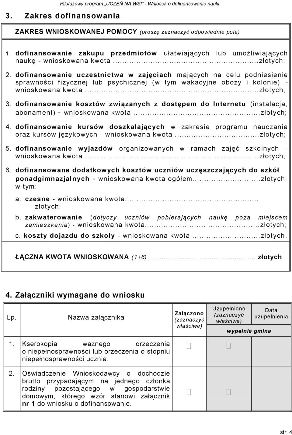 dofinansowanie kosztów związanych z dostępem do Internetu (instalacja, abonament) - wnioskowana kwota...złotych; 4.